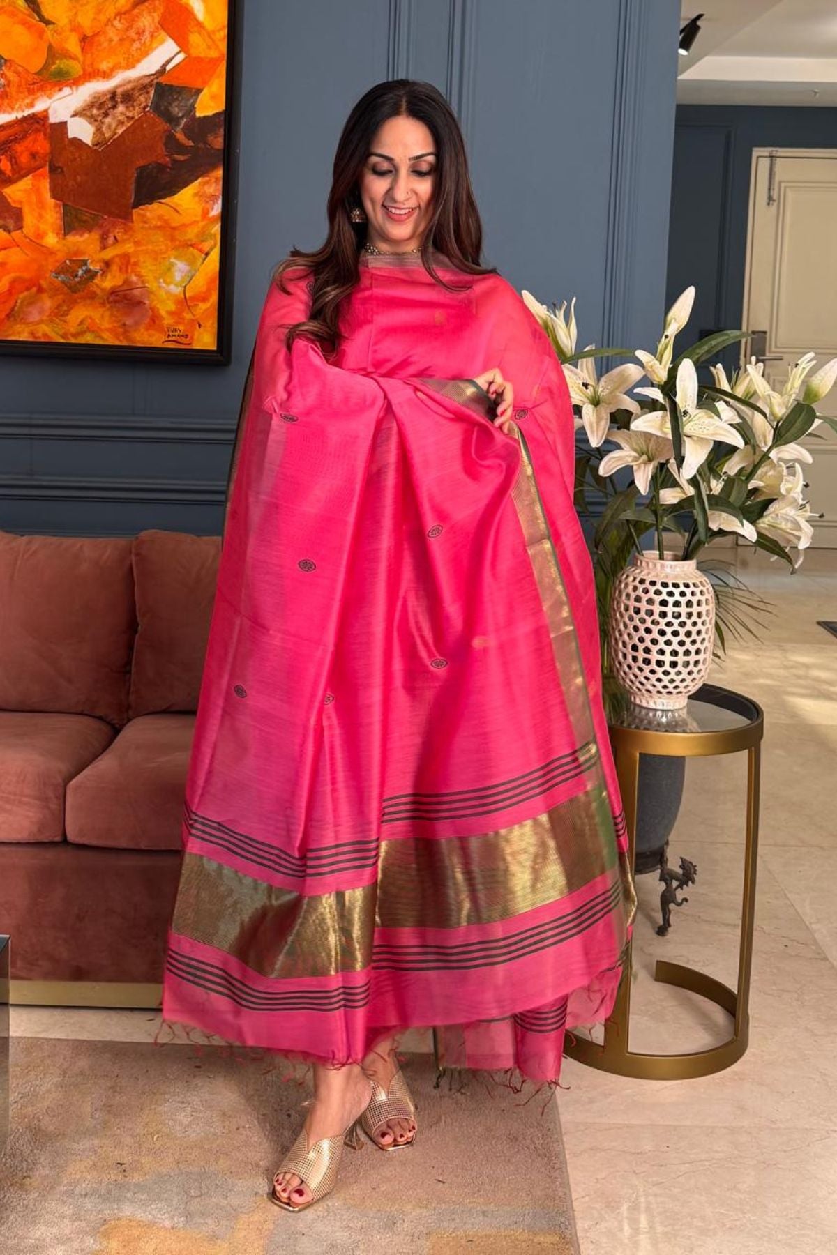 Handwoven Maheshwari silk kurta dupatta set